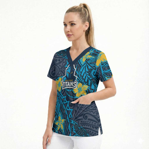 Personalised Gold Coast Titans Scrub Top Polynesian Tribal Pattern With Rugby Titan Mascot Art