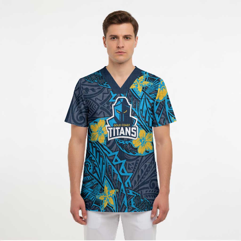 Personalised Gold Coast Titans Scrub Top Polynesian Tribal Pattern With Rugby Titan Mascot Art