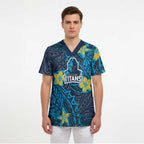Personalised Gold Coast Titans Scrub Top Polynesian Tribal Pattern With Rugby Titan Mascot Art