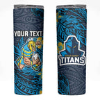 Personalised Gold Coast Titans Skinny Tumbler Polynesian Tribal Pattern With Rugby Titan Mascot Art