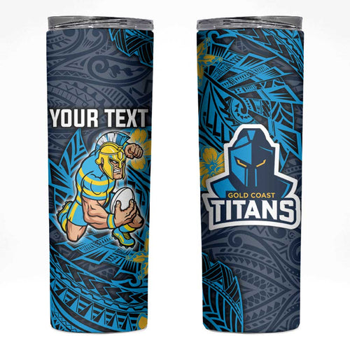 Personalised Gold Coast Titans Skinny Tumbler Polynesian Tribal Pattern With Rugby Titan Mascot Art