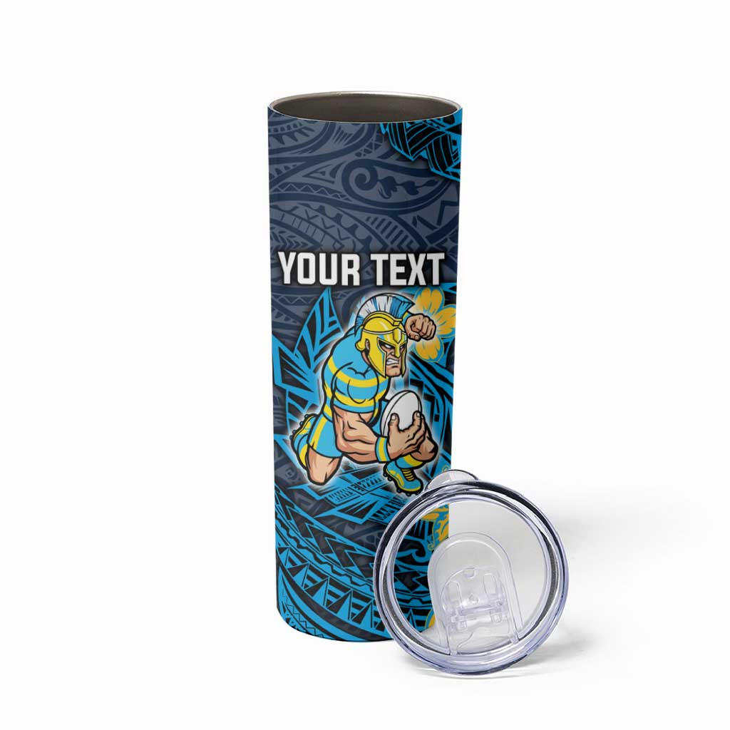 Personalised Gold Coast Titans Skinny Tumbler Polynesian Tribal Pattern With Rugby Titan Mascot Art