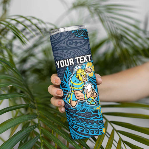 Personalised Gold Coast Titans Skinny Tumbler Polynesian Tribal Pattern With Rugby Titan Mascot Art