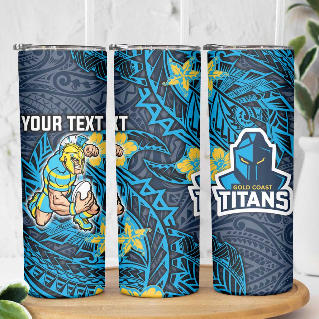 Personalised Gold Coast Titans Skinny Tumbler Polynesian Tribal Pattern With Rugby Titan Mascot Art