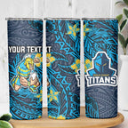 Personalised Gold Coast Titans Skinny Tumbler Polynesian Tribal Pattern With Rugby Titan Mascot Art