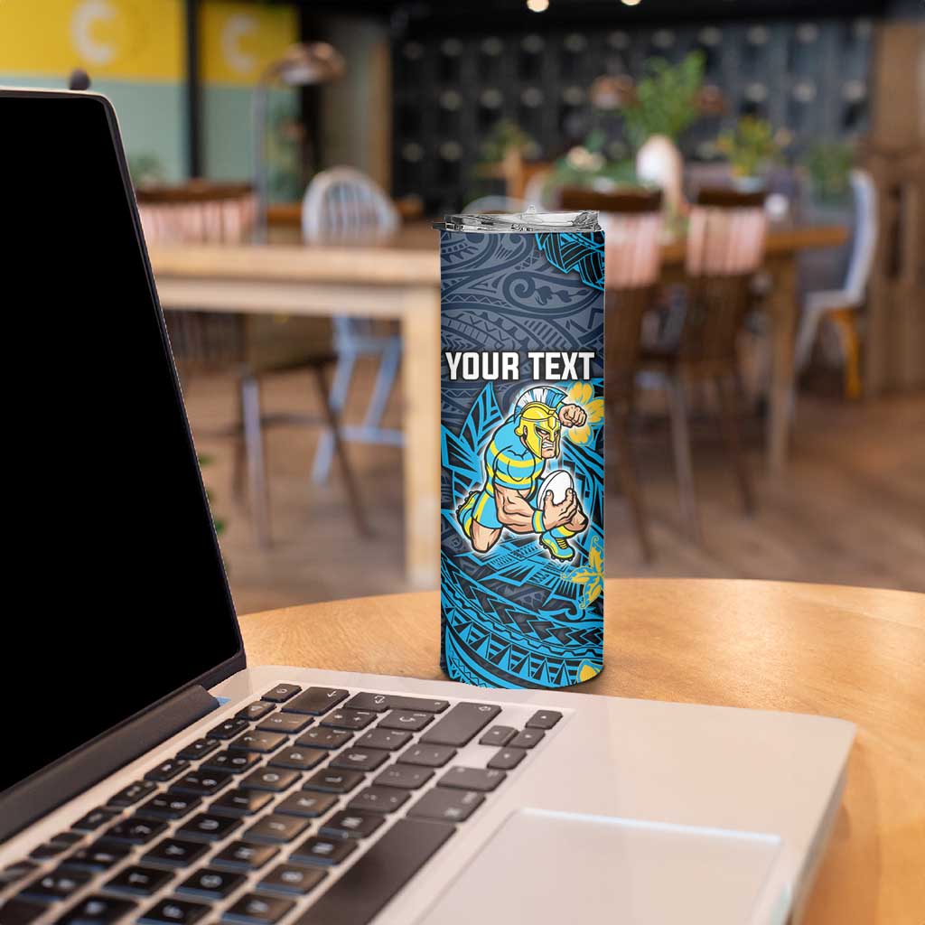 Personalised Gold Coast Titans Skinny Tumbler Polynesian Tribal Pattern With Rugby Titan Mascot Art