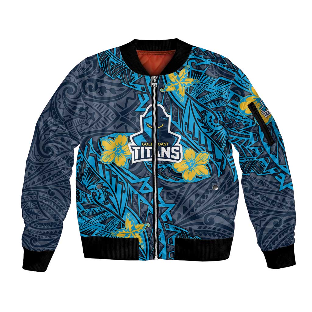 Personalised Gold Coast Titans Sleeve Zip Bomber Jacket Polynesian Tribal Pattern With Rugby Titan Mascot Art