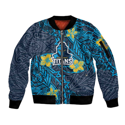 Personalised Gold Coast Titans Sleeve Zip Bomber Jacket Polynesian Tribal Pattern With Rugby Titan Mascot Art