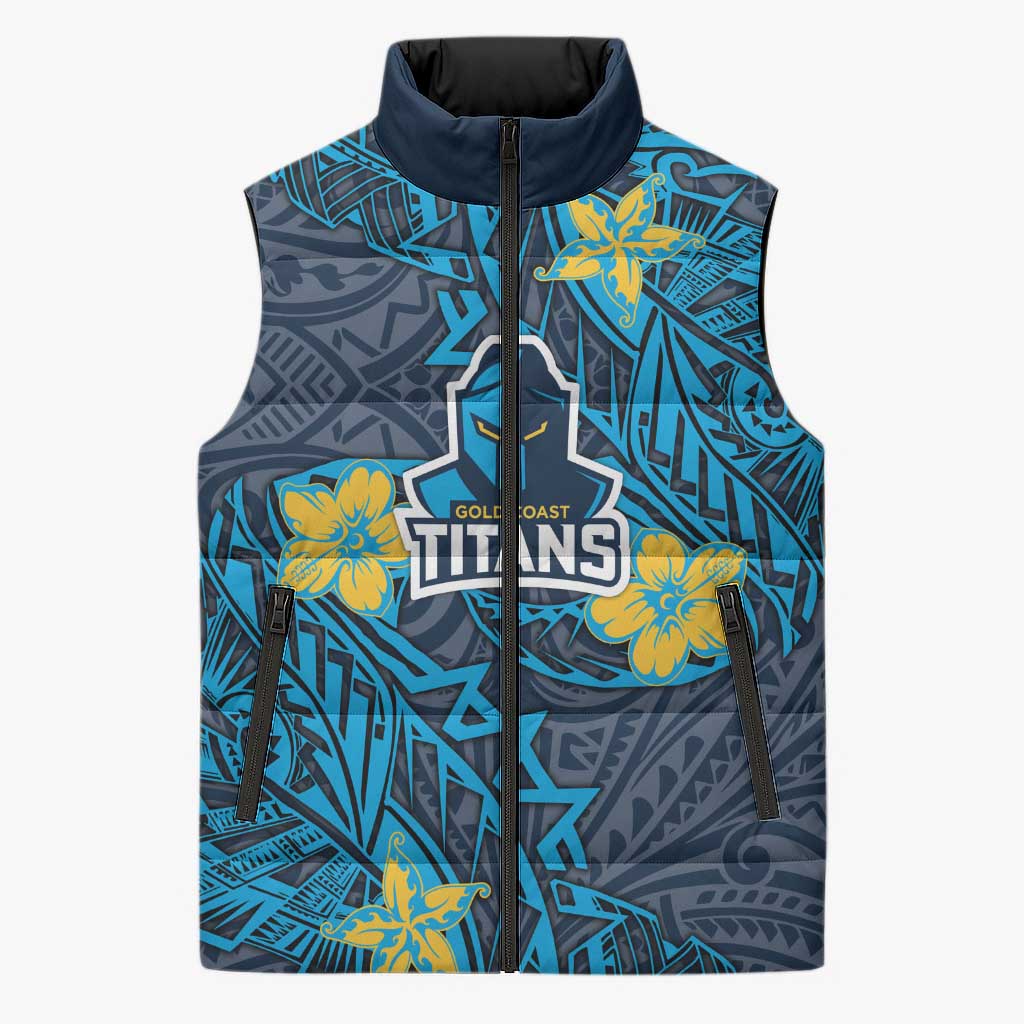 Personalised Gold Coast Titans Sleeveless Puffer Jacket Polynesian Tribal Pattern With Rugby Titan Mascot Art