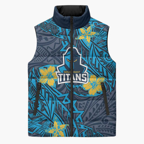Personalised Gold Coast Titans Sleeveless Puffer Jacket Polynesian Tribal Pattern With Rugby Titan Mascot Art