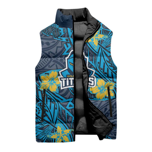 Personalised Gold Coast Titans Sleeveless Puffer Jacket Polynesian Tribal Pattern With Rugby Titan Mascot Art