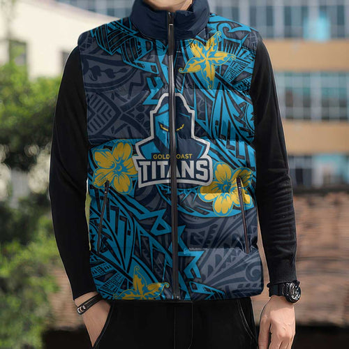 Personalised Gold Coast Titans Sleeveless Puffer Jacket Polynesian Tribal Pattern With Rugby Titan Mascot Art