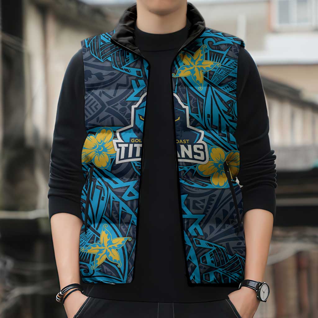Personalised Gold Coast Titans Sleeveless Puffer Jacket Polynesian Tribal Pattern With Rugby Titan Mascot Art