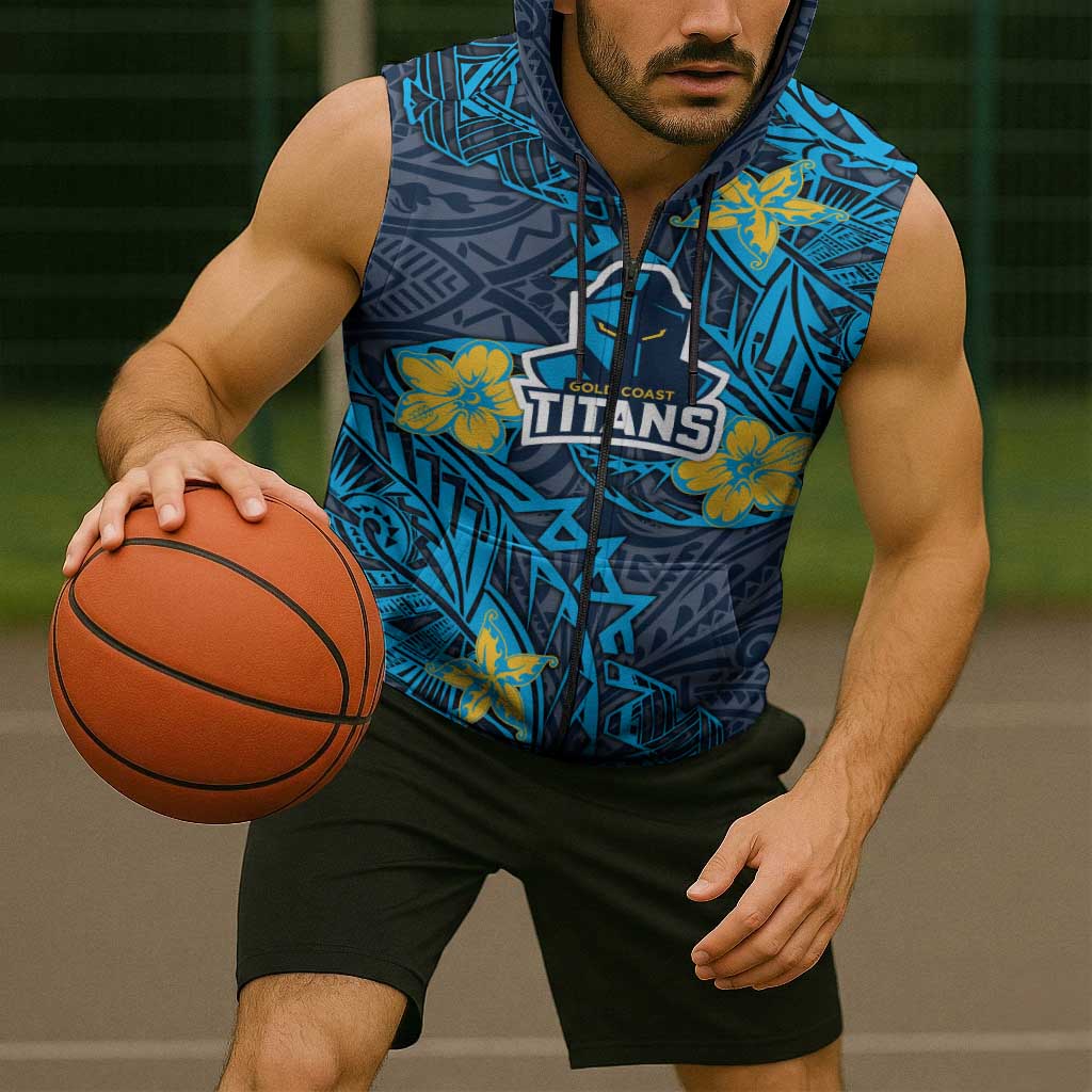 Personalised Gold Coast Titans Sleeveless Zip Hoodie Polynesian Tribal Pattern With Rugby Titan Mascot Art