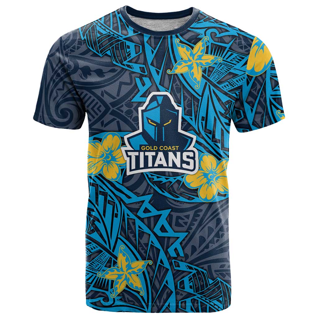 Personalised Gold Coast Titans T Shirt Polynesian Tribal Pattern With Rugby Titan Mascot Art