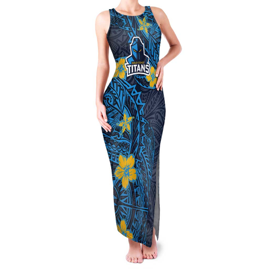 Personalised Gold Coast Titans Tank Maxi Dress Polynesian Tribal Pattern With Rugby Titan Mascot Art