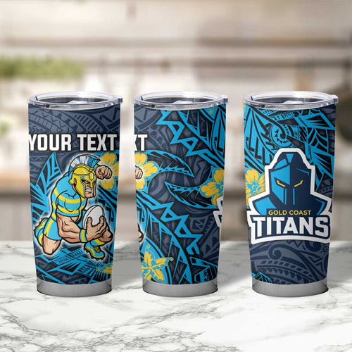Personalised Gold Coast Titans Tumbler Cup Polynesian Tribal Pattern With Rugby Titan Mascot Art