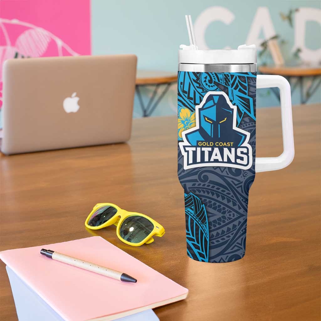 Personalised Gold Coast Titans Tumbler With Handle Polynesian Tribal Pattern With Rugby Titan Mascot Art