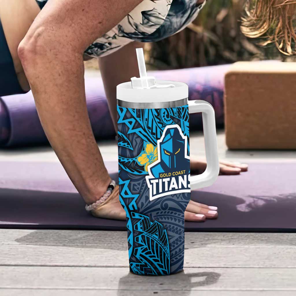 Personalised Gold Coast Titans Tumbler With Handle Polynesian Tribal Pattern With Rugby Titan Mascot Art