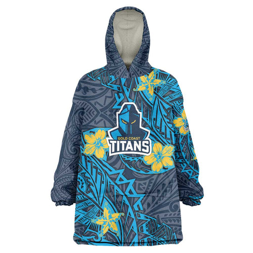 Personalised Gold Coast Titans Wearable Blanket Hoodie Polynesian Tribal Pattern With Rugby Titan Mascot Art