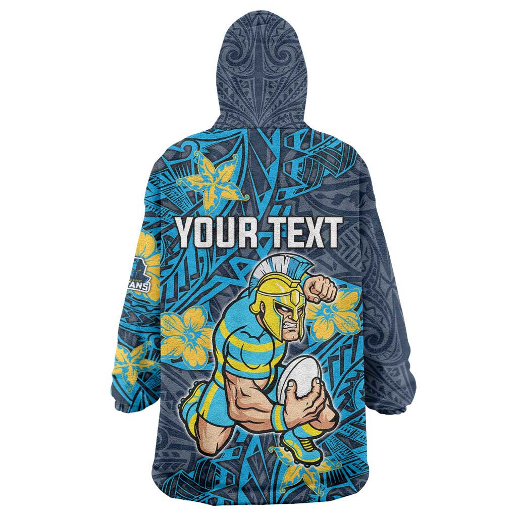 Personalised Gold Coast Titans Wearable Blanket Hoodie Polynesian Tribal Pattern With Rugby Titan Mascot Art