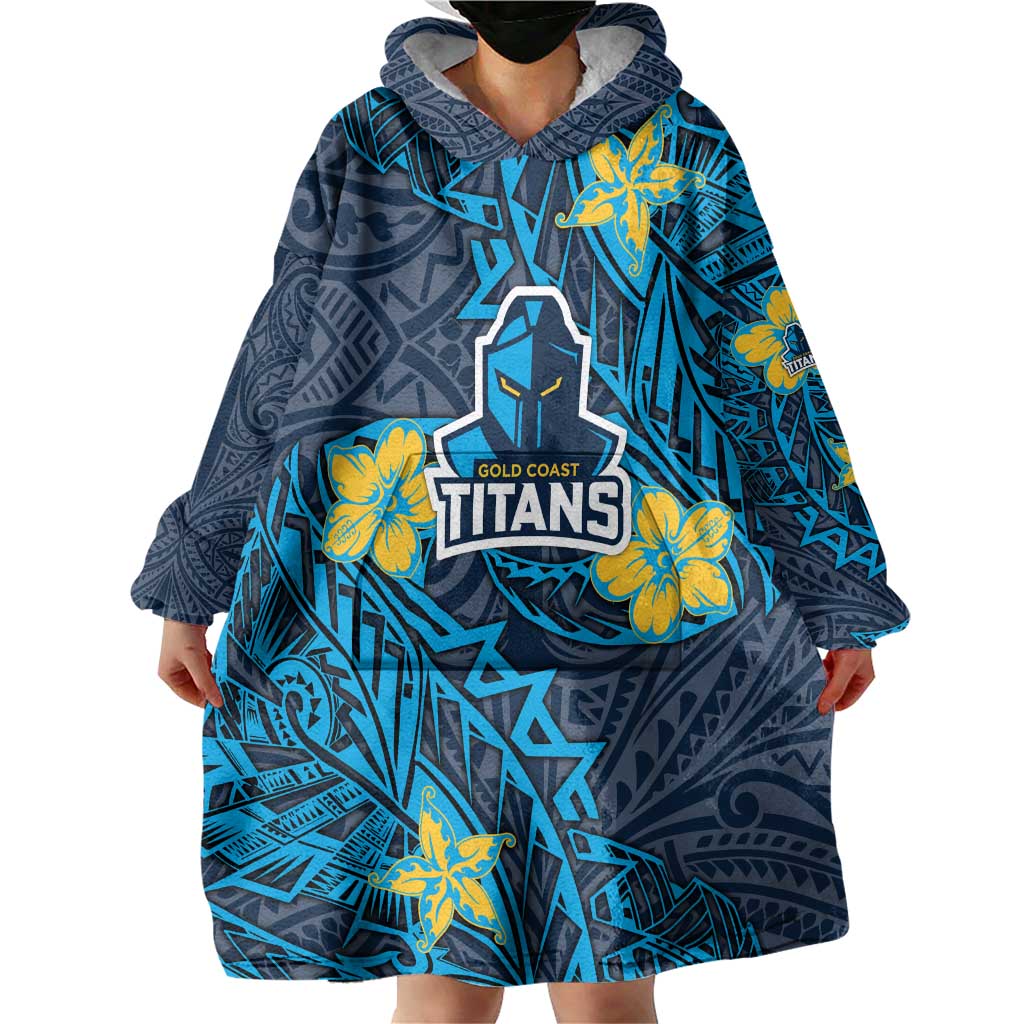 Personalised Gold Coast Titans Wearable Blanket Hoodie Polynesian Tribal Pattern With Rugby Titan Mascot Art