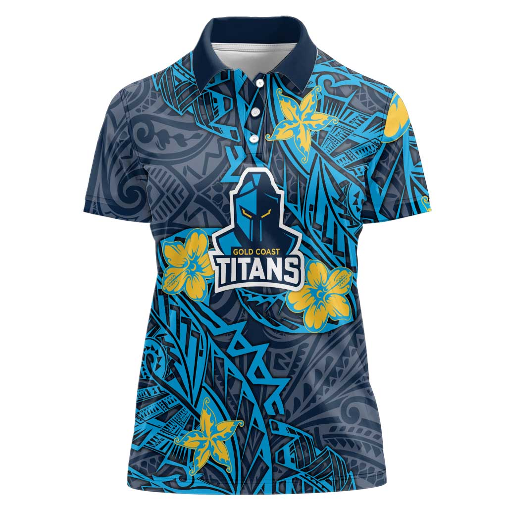Personalised Gold Coast Titans Women Polo Shirt Polynesian Tribal Pattern With Rugby Titan Mascot Art