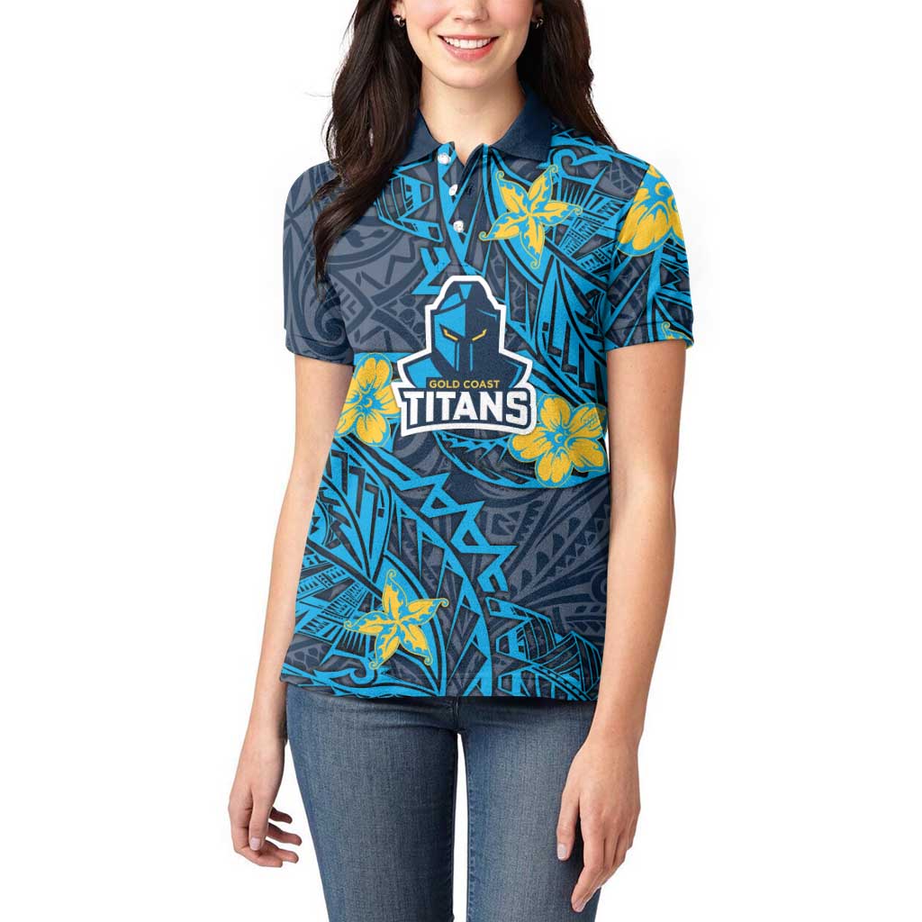 Personalised Gold Coast Titans Women Polo Shirt Polynesian Tribal Pattern With Rugby Titan Mascot Art