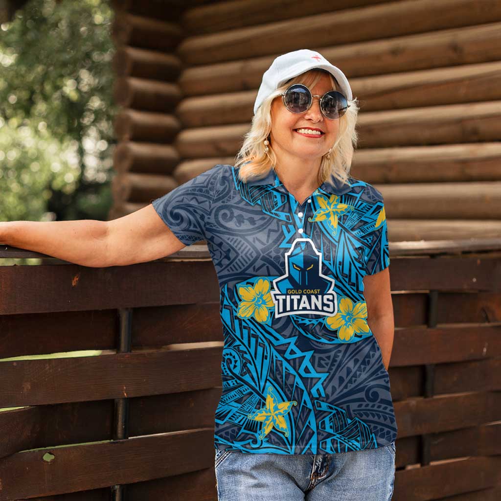 Personalised Gold Coast Titans Women Polo Shirt Polynesian Tribal Pattern With Rugby Titan Mascot Art
