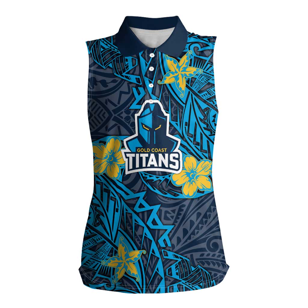 Personalised Gold Coast Titans Women Sleeveless Polo Shirt Polynesian Tribal Pattern With Rugby Titan Mascot Art