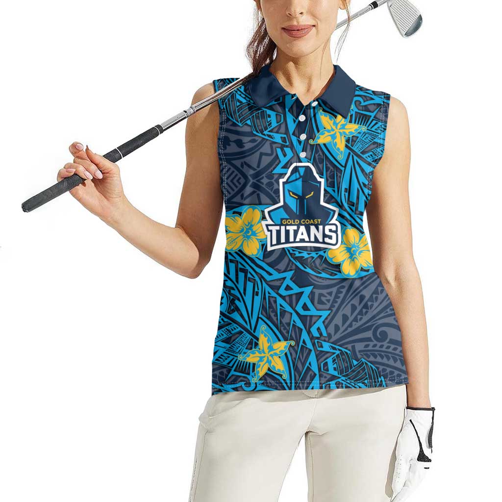 Personalised Gold Coast Titans Women Sleeveless Polo Shirt Polynesian Tribal Pattern With Rugby Titan Mascot Art
