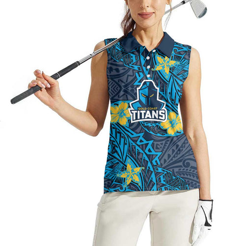 Personalised Gold Coast Titans Women Sleeveless Polo Shirt Polynesian Tribal Pattern With Rugby Titan Mascot Art