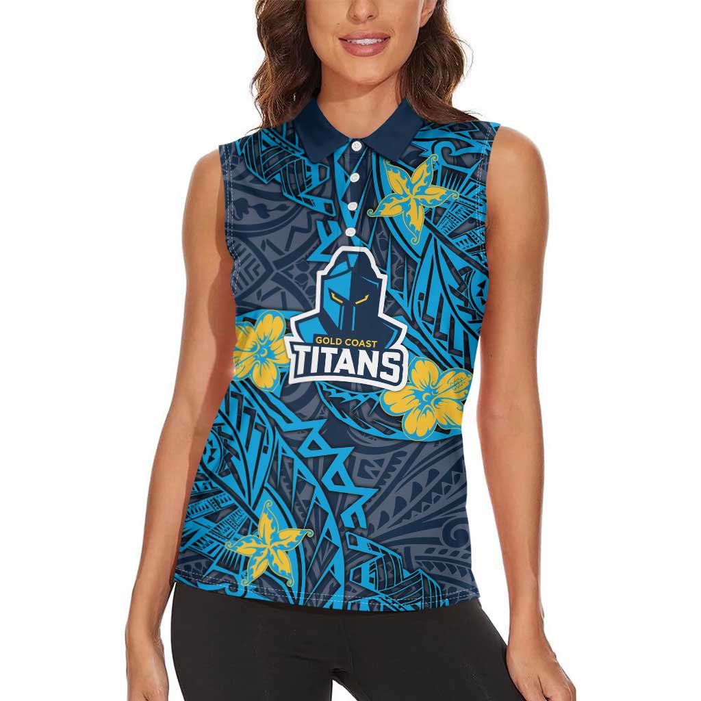 Personalised Gold Coast Titans Women Sleeveless Polo Shirt Polynesian Tribal Pattern With Rugby Titan Mascot Art