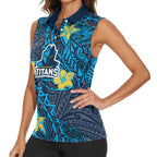Personalised Gold Coast Titans Women Sleeveless Polo Shirt Polynesian Tribal Pattern With Rugby Titan Mascot Art