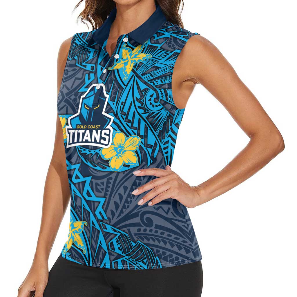 Personalised Gold Coast Titans Women Sleeveless Polo Shirt Polynesian Tribal Pattern With Rugby Titan Mascot Art