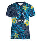 Personalised Gold Coast Titans Women V-Neck T-Shirt Polynesian Tribal Pattern With Rugby Titan Mascot Art