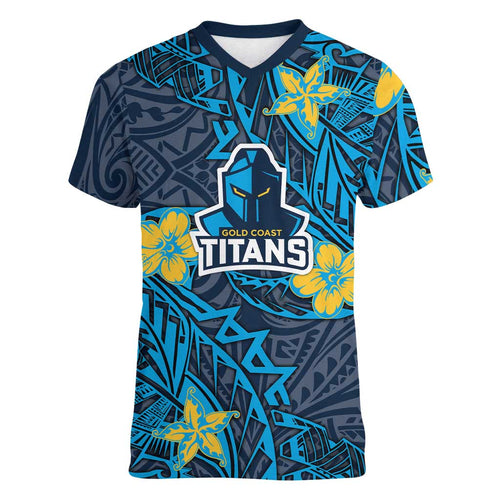 Personalised Gold Coast Titans Women V-Neck T-Shirt Polynesian Tribal Pattern With Rugby Titan Mascot Art