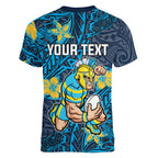 Personalised Gold Coast Titans Women V-Neck T-Shirt Polynesian Tribal Pattern With Rugby Titan Mascot Art