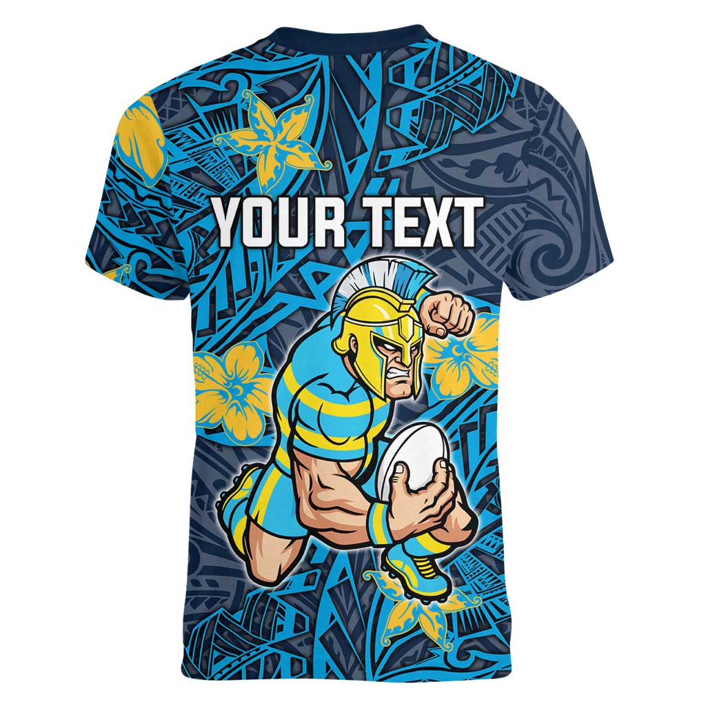 Personalised Gold Coast Titans Women V-Neck T-Shirt Polynesian Tribal Pattern With Rugby Titan Mascot Art