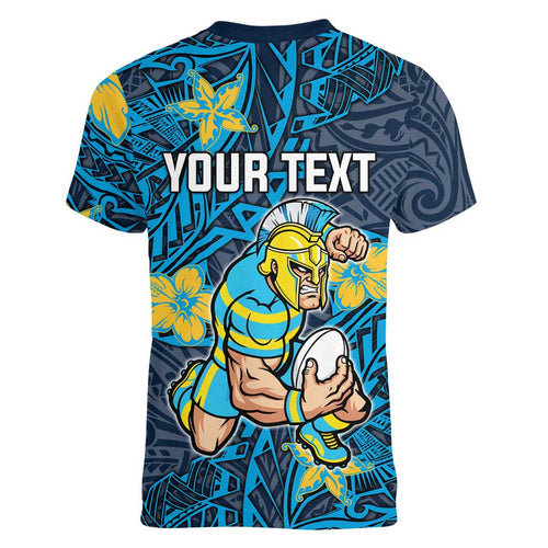 Personalised Gold Coast Titans Women V-Neck T-Shirt Polynesian Tribal Pattern With Rugby Titan Mascot Art