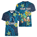 Personalised Gold Coast Titans Women V-Neck T-Shirt Polynesian Tribal Pattern With Rugby Titan Mascot Art