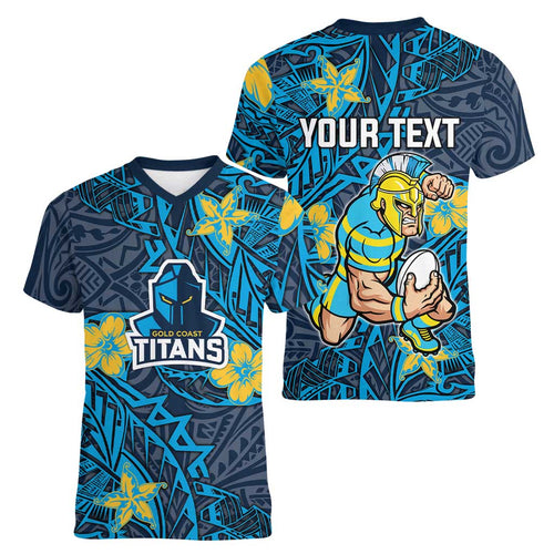 Personalised Gold Coast Titans Women V-Neck T-Shirt Polynesian Tribal Pattern With Rugby Titan Mascot Art