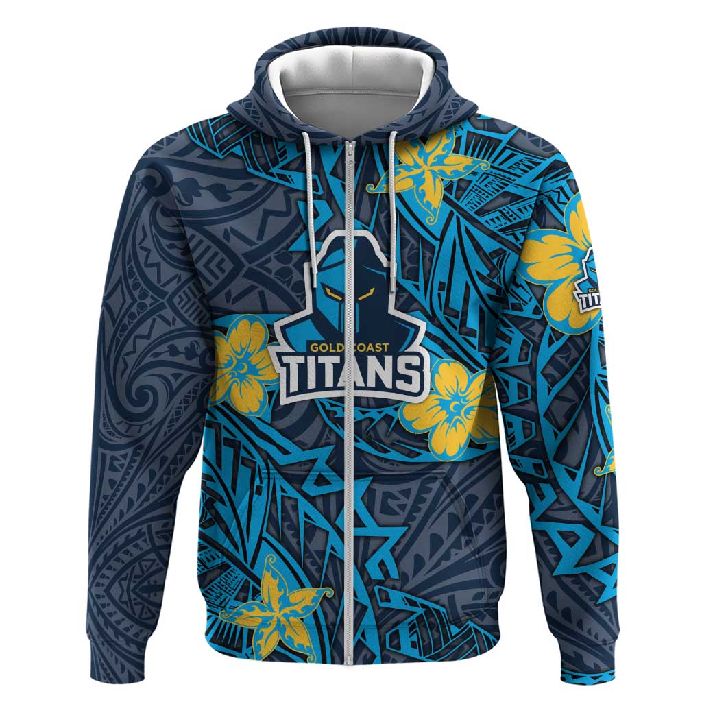 Personalised Gold Coast Titans Zip Hoodie Polynesian Tribal Pattern With Rugby Titan Mascot Art