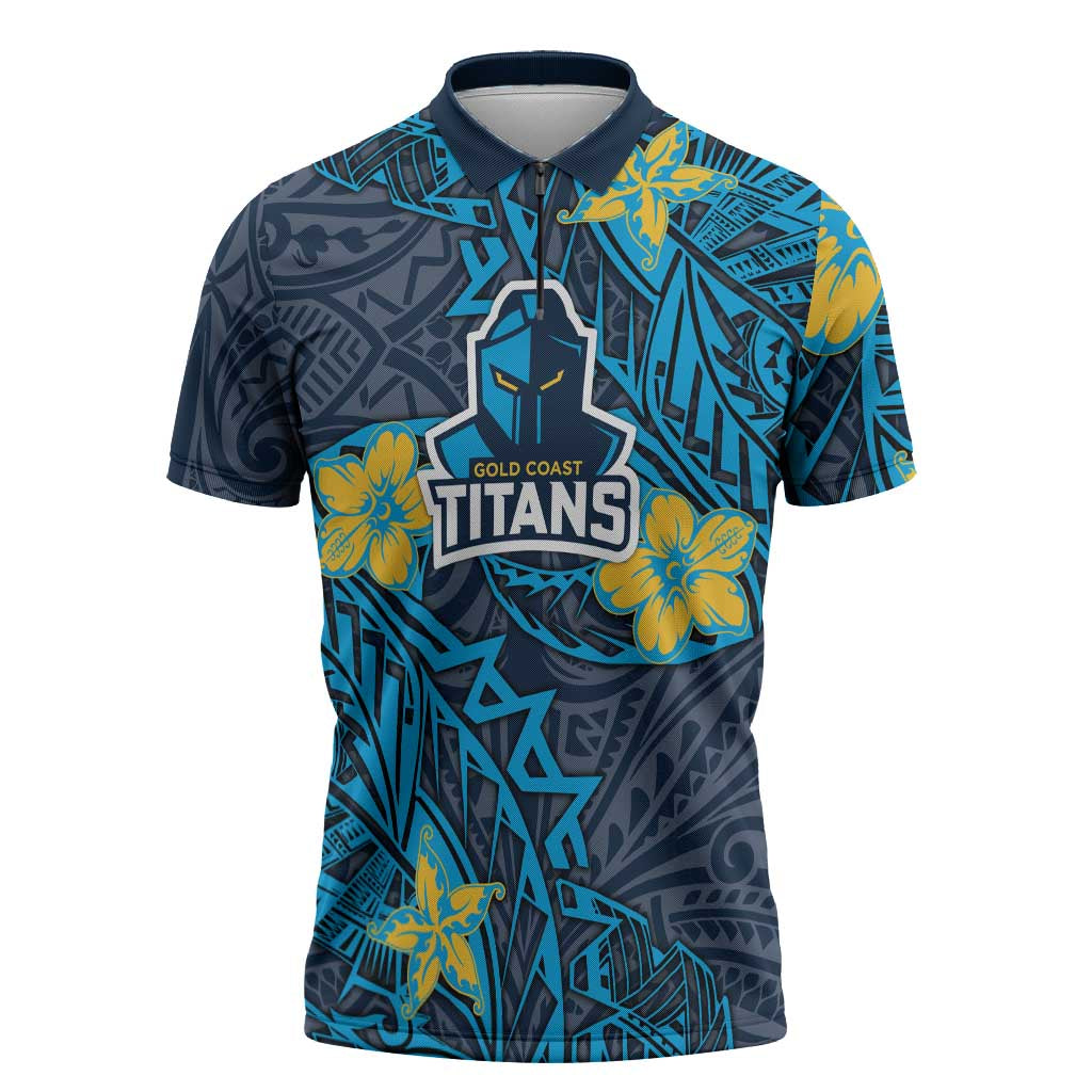Personalised Gold Coast Titans Zipper Polo Shirt Polynesian Tribal Pattern With Rugby Titan Mascot Art