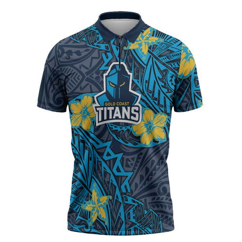 Personalised Gold Coast Titans Zipper Polo Shirt Polynesian Tribal Pattern With Rugby Titan Mascot Art