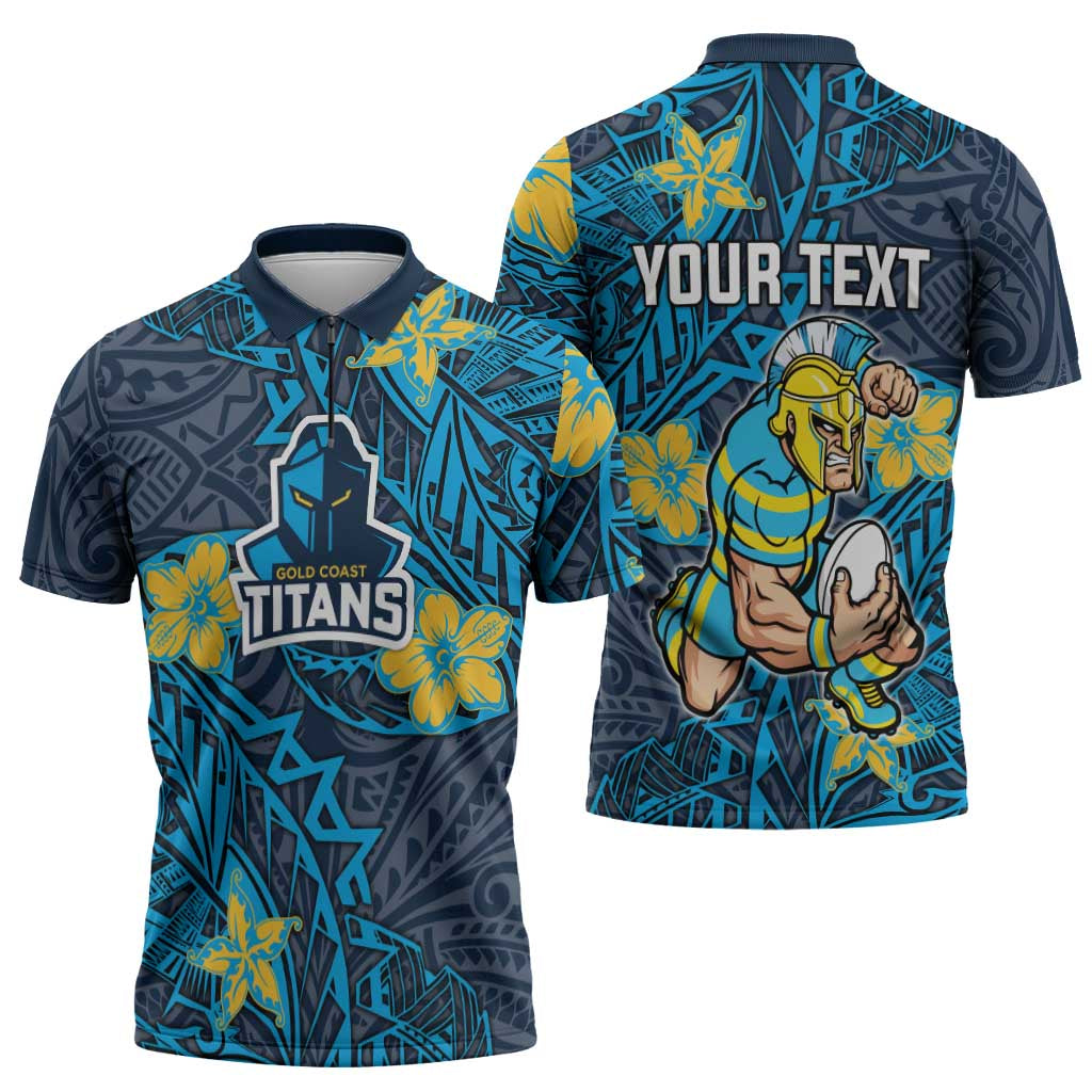 Personalised Gold Coast Titans Zipper Polo Shirt Polynesian Tribal Pattern With Rugby Titan Mascot Art