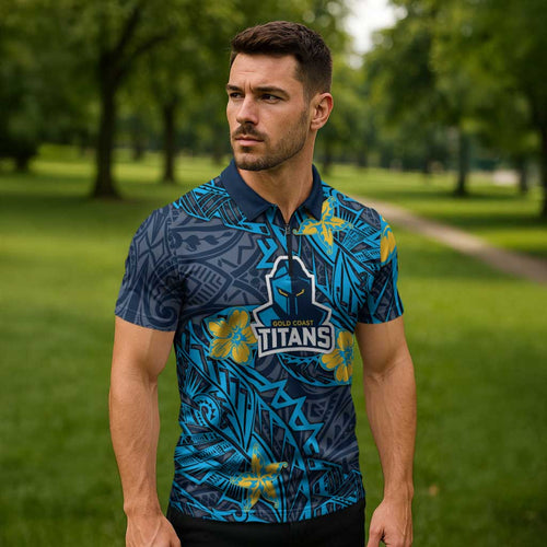 Personalised Gold Coast Titans Zipper Polo Shirt Polynesian Tribal Pattern With Rugby Titan Mascot Art