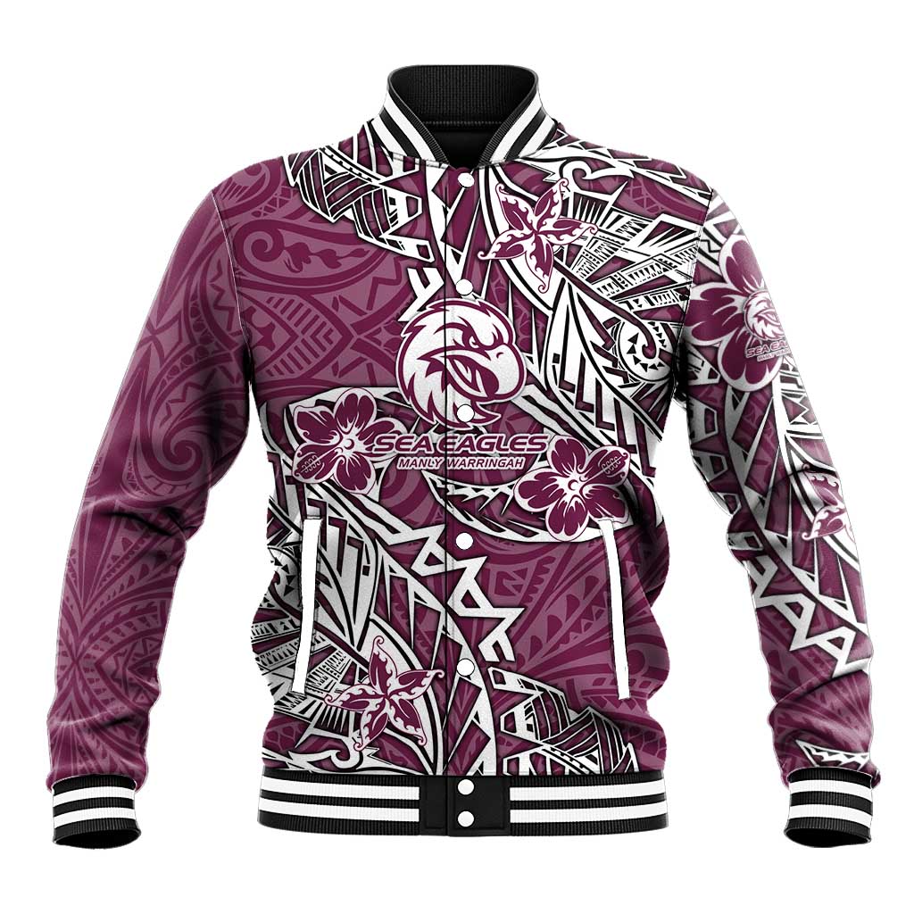 Personalised Manly Warringah Sea Eagles Baseball Jacket Polynesian Tribal Pattern With Rugby Sea Eagle Mascot Art