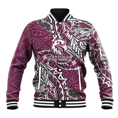 Personalised Manly Warringah Sea Eagles Baseball Jacket Polynesian Tribal Pattern With Rugby Sea Eagle Mascot Art
