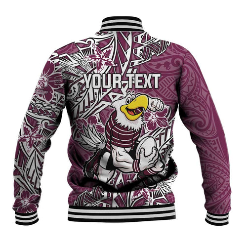 Personalised Manly Warringah Sea Eagles Baseball Jacket Polynesian Tribal Pattern With Rugby Sea Eagle Mascot Art
